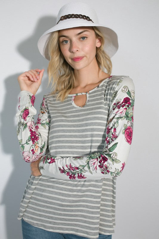 STRIPE FLORAL MIXED KEY HOLE ROUND NECK TUNIC TOP