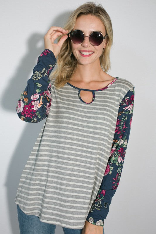 STRIPE FLORAL MIXED KEY HOLE ROUND NECK TUNIC TOP