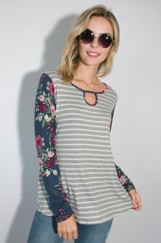 STRIPE FLORAL MIXED KEY HOLE ROUND NECK TUNIC TOP