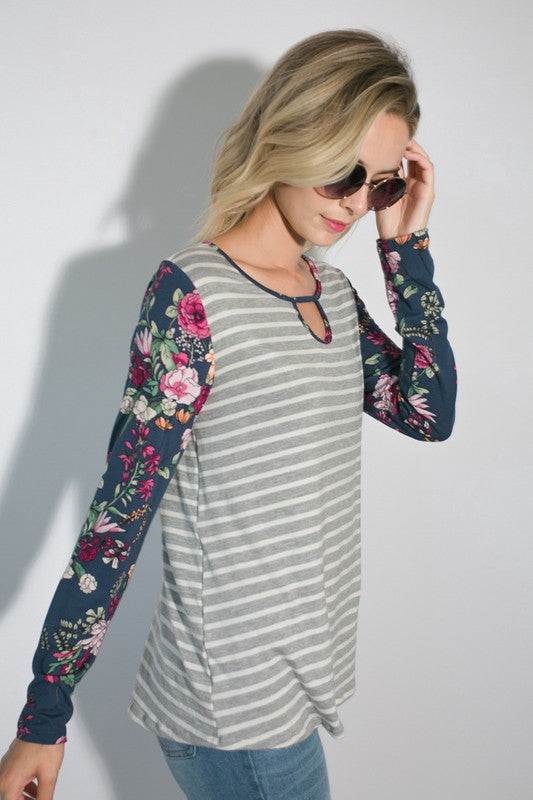 STRIPE FLORAL MIXED KEY HOLE ROUND NECK TUNIC TOP