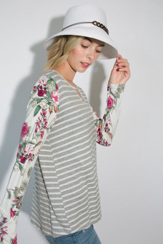 STRIPE FLORAL MIXED KEY HOLE ROUND NECK TUNIC TOP