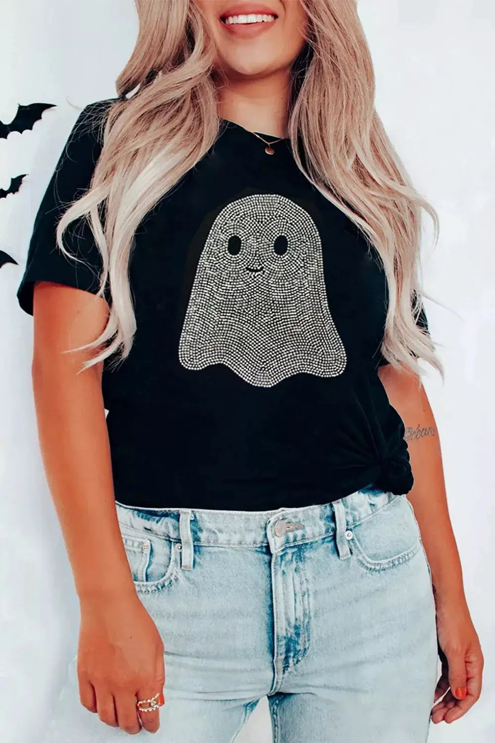 Full Size Rhinestone Ghost Round Neck T-Shirt Plus Size by Trendsi