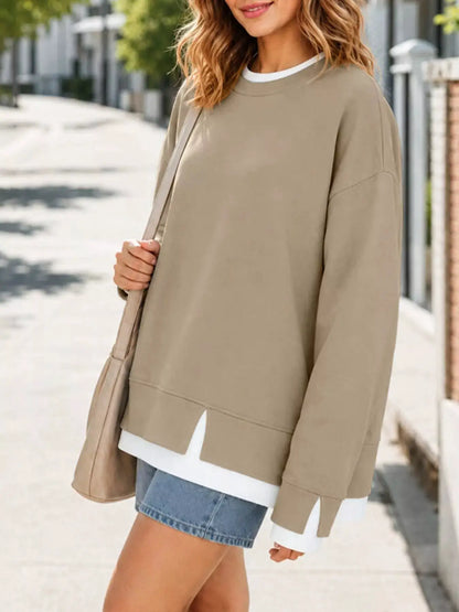 Crewneck Sweatshirt with Contrast Ribbed Trim by Trendsi