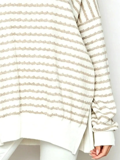 Oversized Striped Crew Neck Sweatshirt by Trendsi