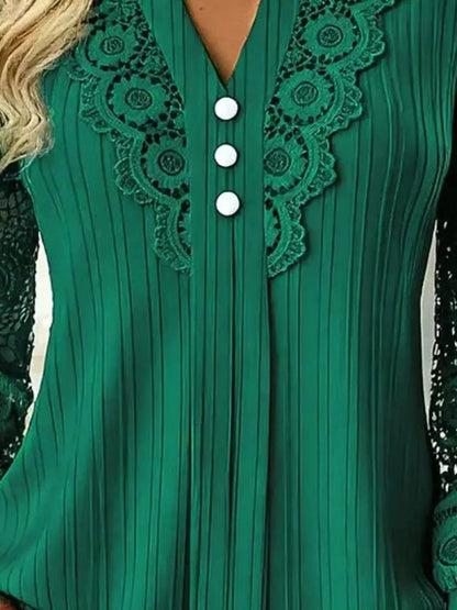Lace Long Sleeve Notched Blouse by Trendsi