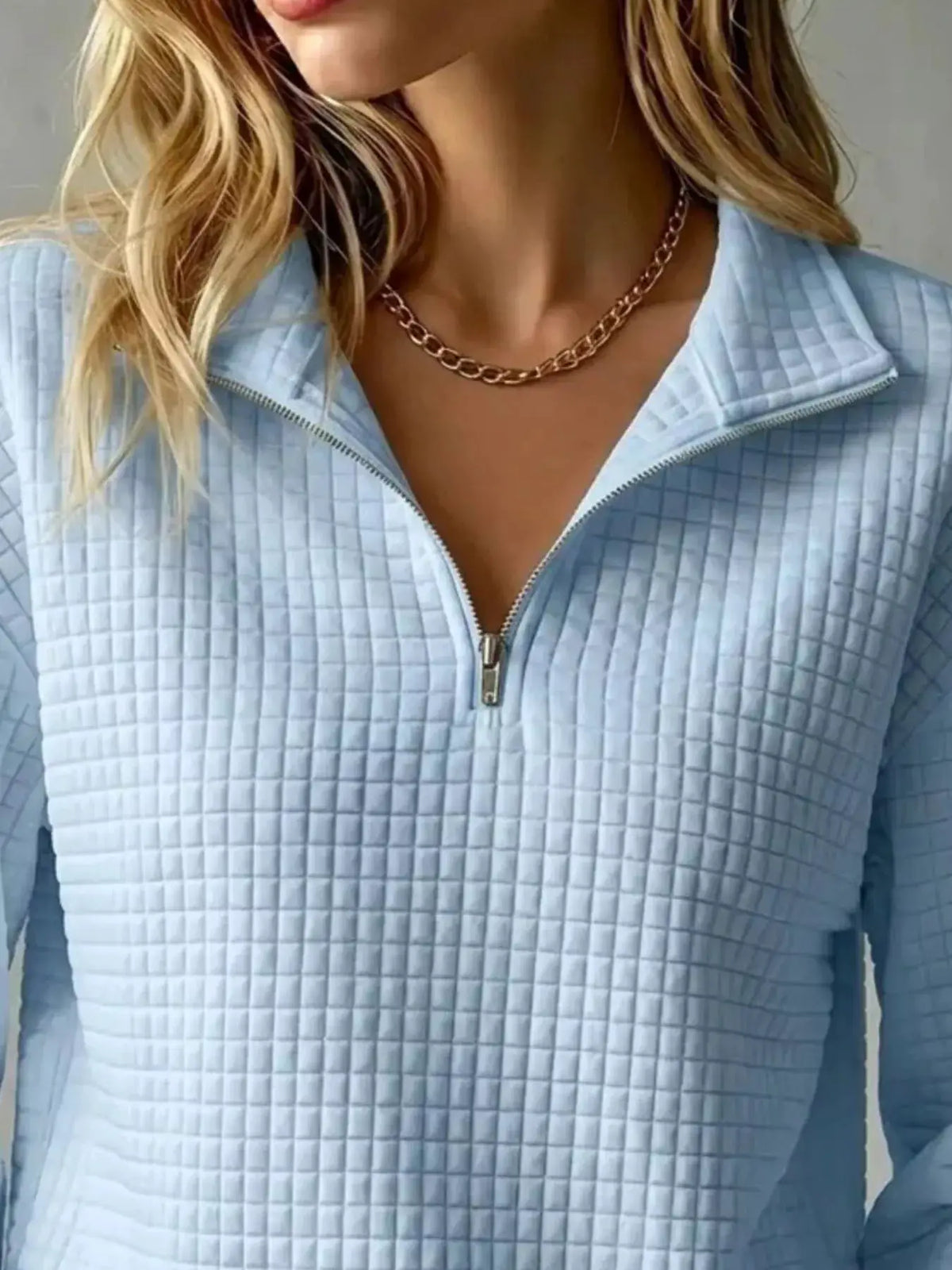 Waffle Knit Quarter-Zip Sweatshirt by Trendsi