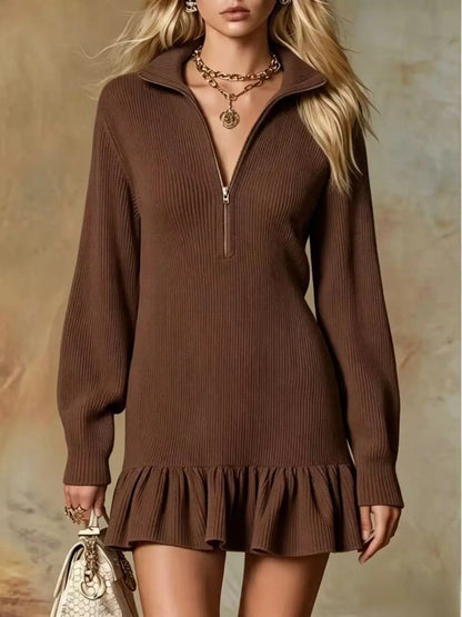 Ruffle Hem Half Zip Dress by Trendsi
