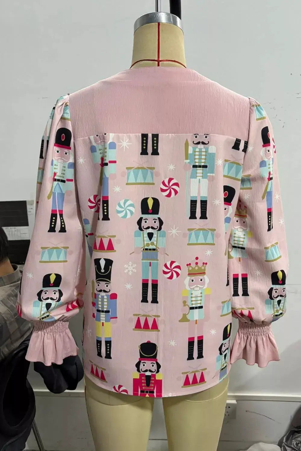 Nutcracker Print Notched Flounce Sleeve Blouse by Trendsi