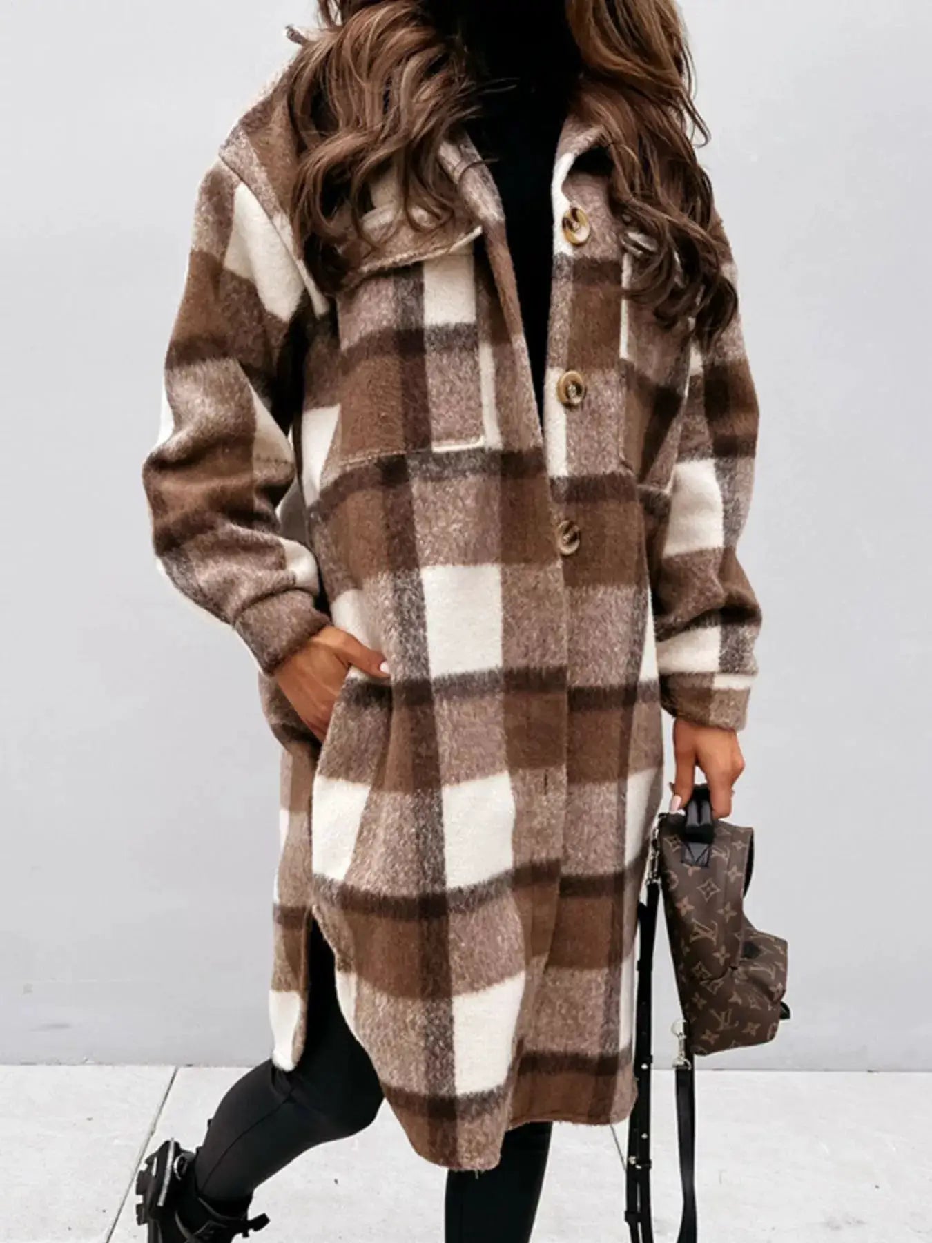 Longline Plaid Button Up Coat by Trendsi
