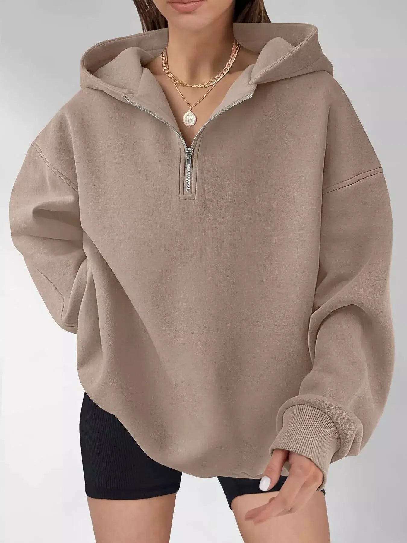 Oversized Quarter-Zip Hoodie by Trendsi