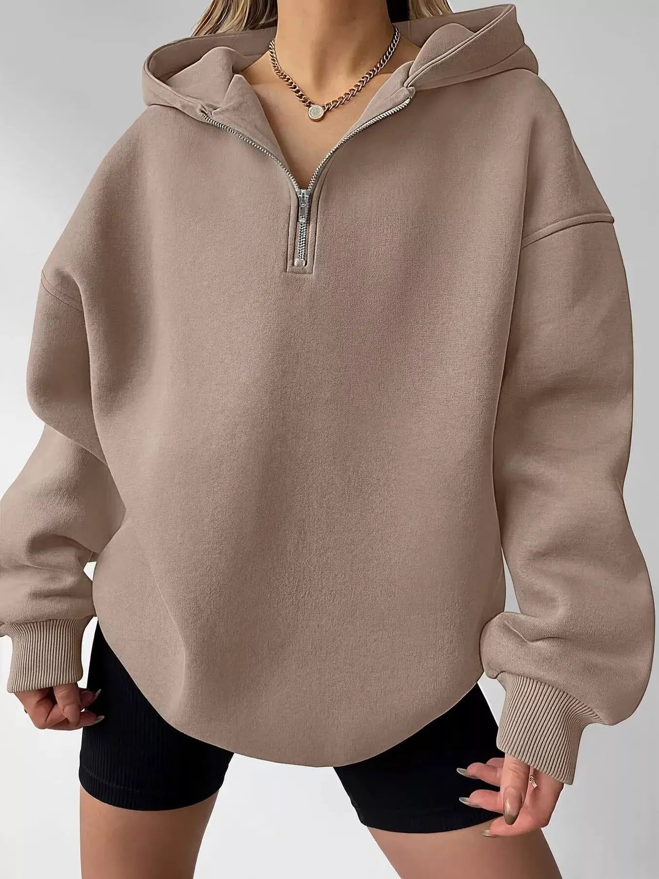 Oversized Quarter-Zip Hoodie by Trendsi