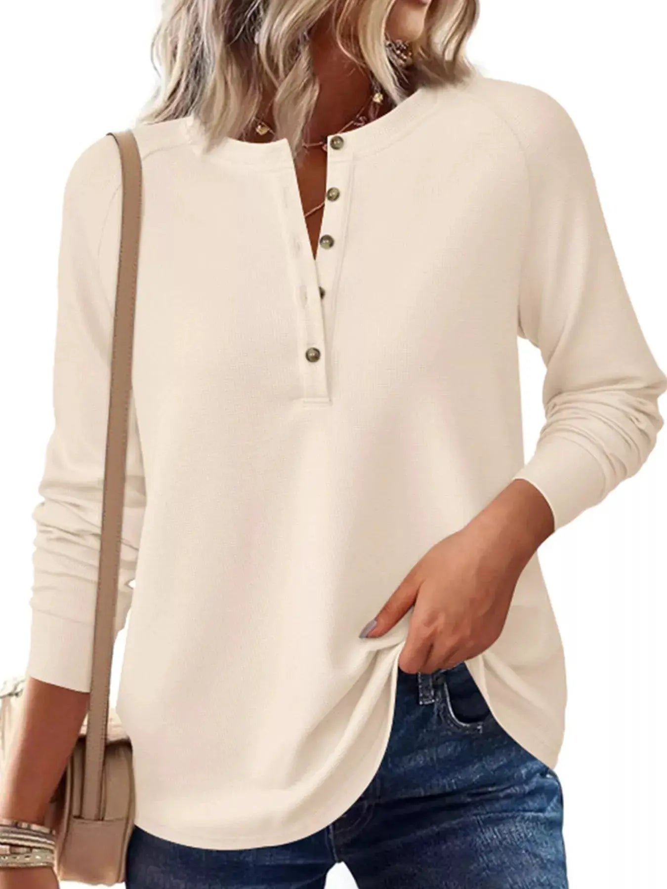 Waffle Knit Henley Long Sleeve T-Shirt by Trendsi