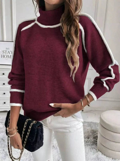 Full Size Contrast Trim Ribbed Hem Turtleneck Sweater Plus Size by Trendsi