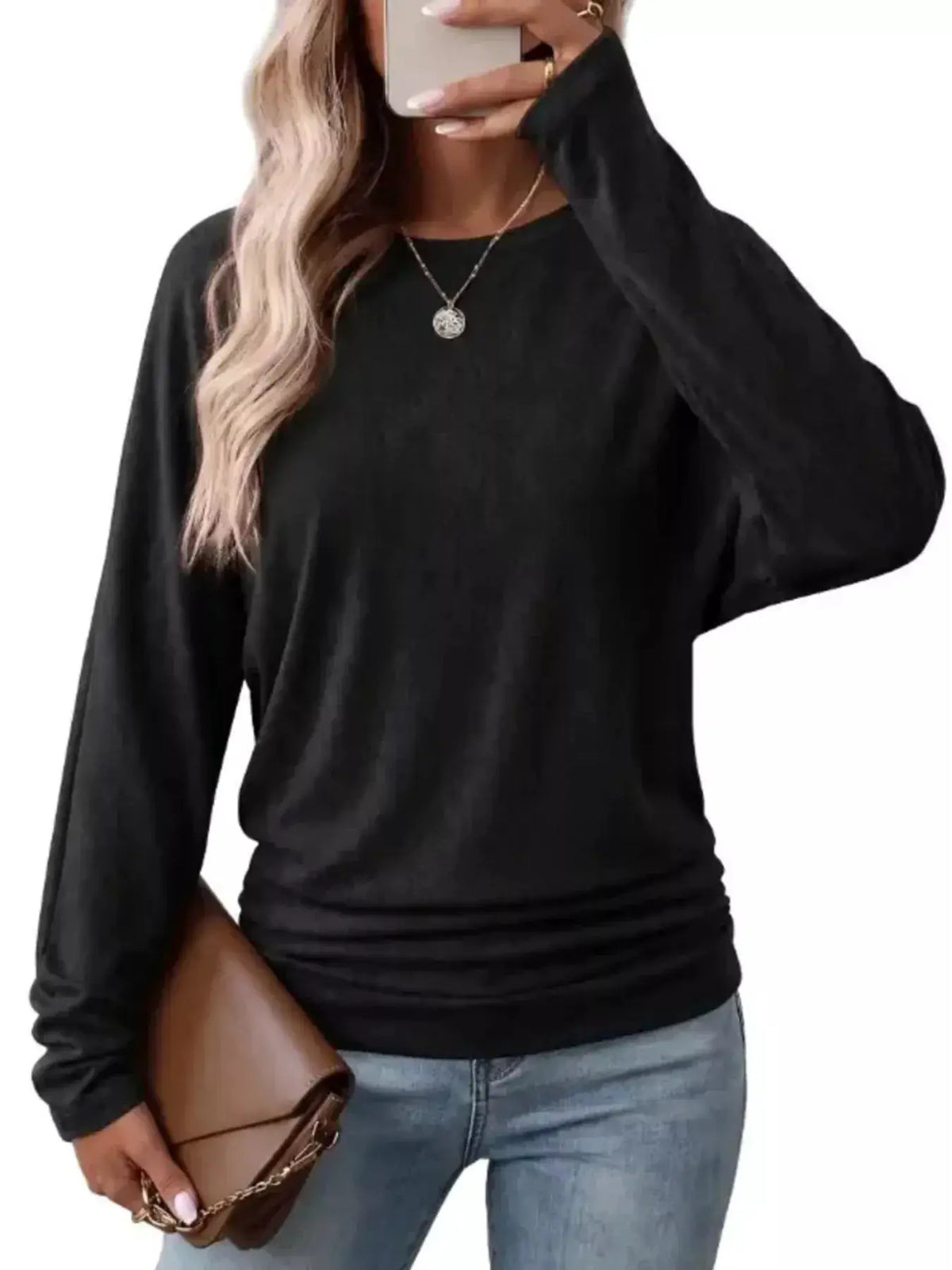 Long Sleeve Crew Neck Casual T-Shirt with Ruched Hem by Trendsi