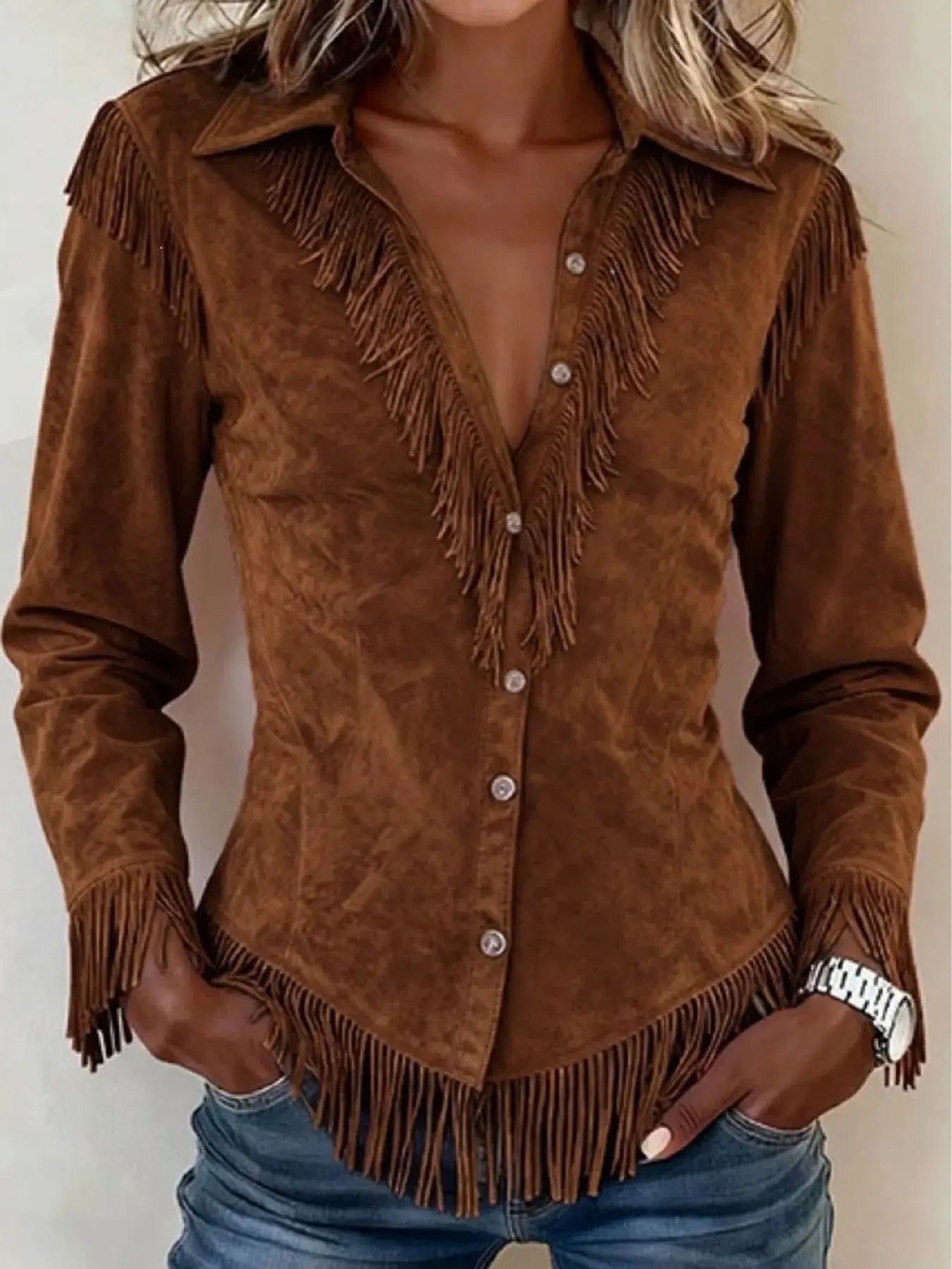 Fringed Button Up Long Sleeve Shirt by Trendsi