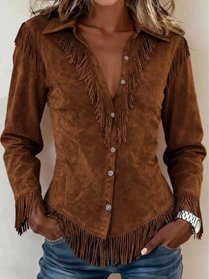 Fringed Button Up Long Sleeve Shirt by Trendsi