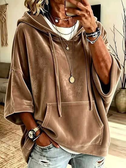 Full Size Velvet 3/4 Sleeve Hoodie with Kangaroo Pocket Plus Size by Trendsi