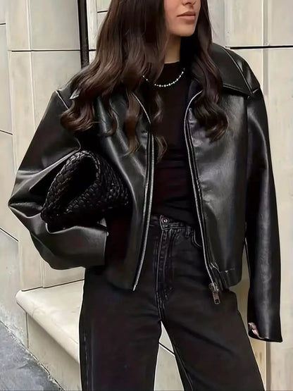 Oversized Faux Leather Zip Up Moto Jacket by Trendsi