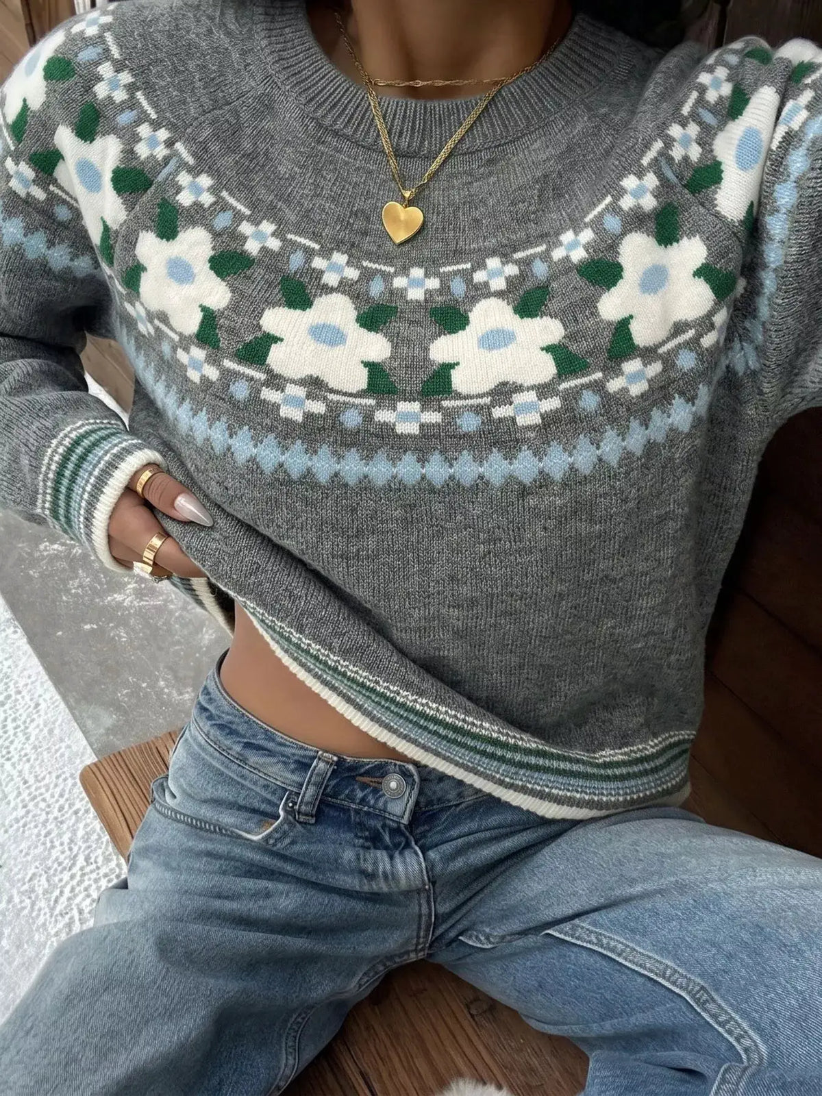Floral Pattern Round Neck Sweater by Trendsi