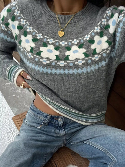 Floral Pattern Round Neck Sweater by Trendsi