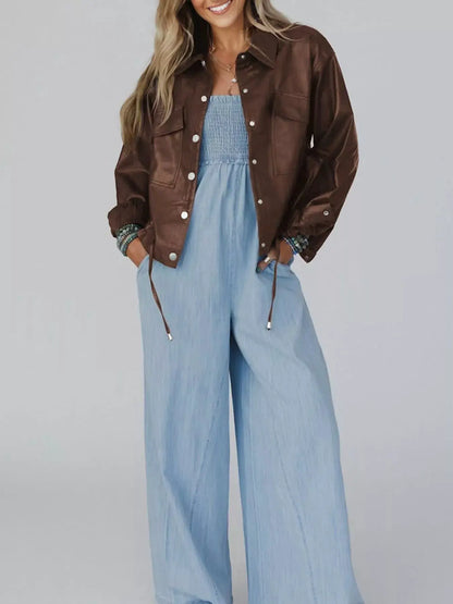 Double Flap Pocket Drawstring Hem Leather Jacket by Trendsi