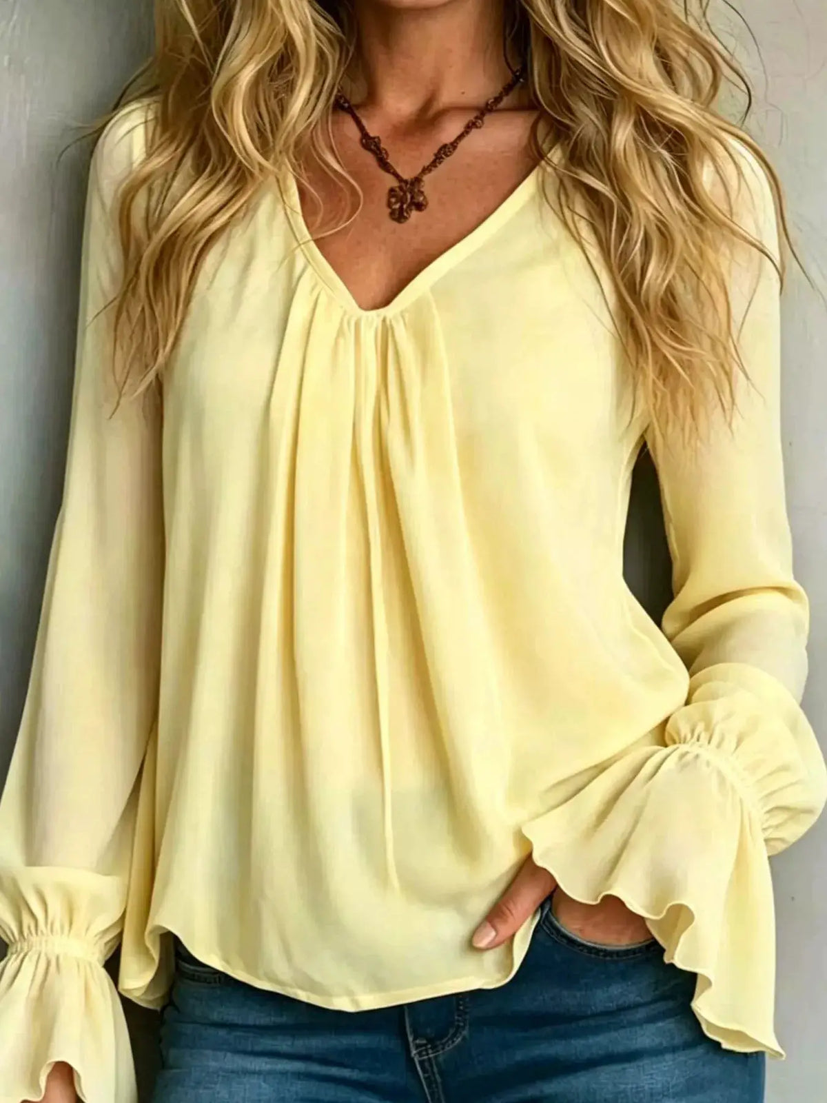 V-Neck Flounce Sleeve Blouse by Trendsi