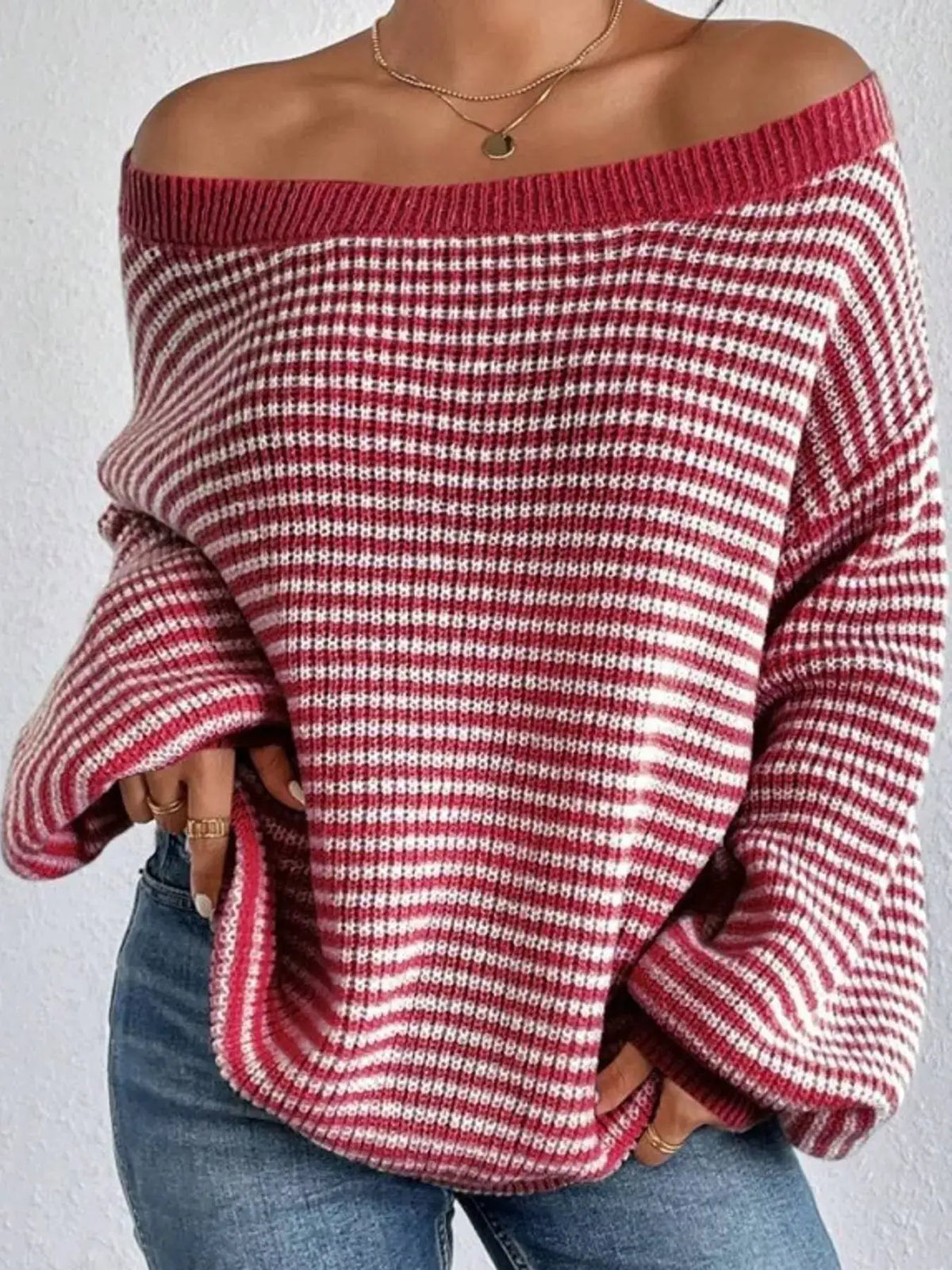 Striped Knit Boat Neck Sweater by Trendsi