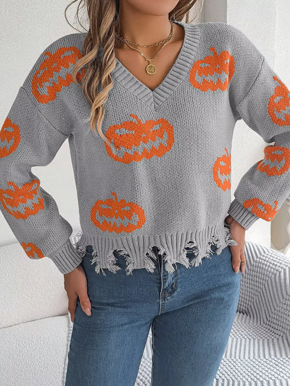 Pumpkin Distressed Hem Sweater by Trendsi