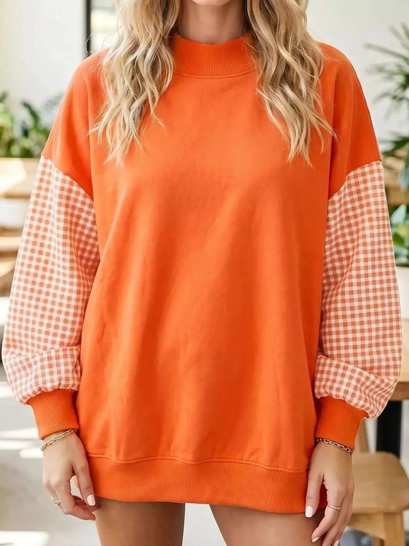 Gingham Sleeves Round Neck Sweatshirt by Trendsi