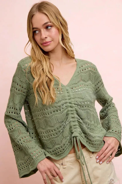 BiBi Pointelle Knit V Neck Ruched Front Lightweight Top by Trendsi