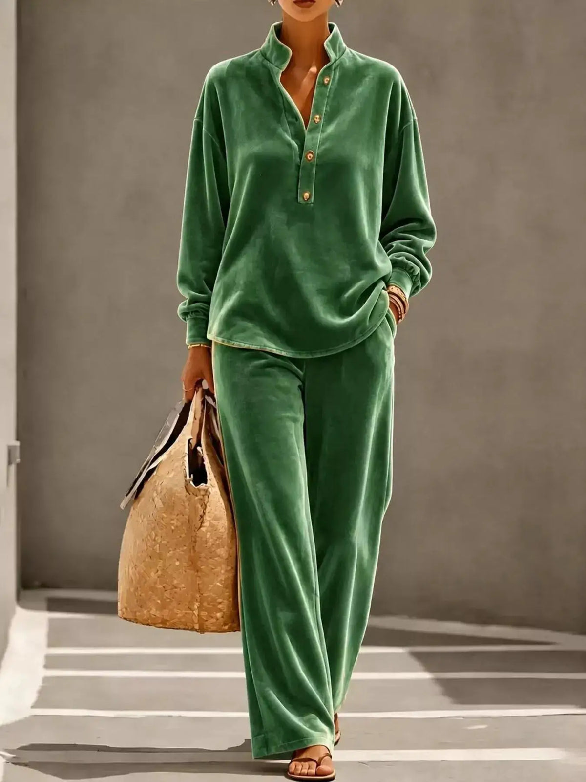 Full Size Half Button Top and Wide Leg Pants Set Plus Size by Trendsi