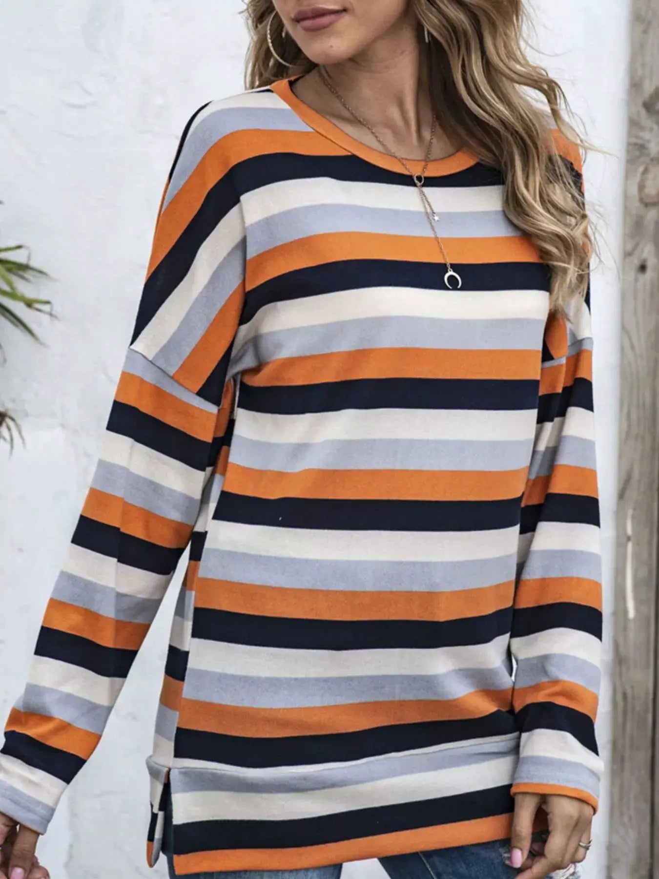 Full Size Casual Striped Long Sleeve Crew Neck Top Plus Size by Trendsi