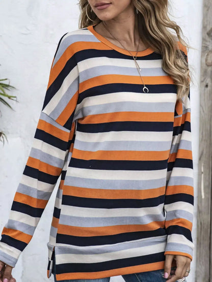 Full Size Casual Striped Long Sleeve Crew Neck Top Plus Size by Trendsi
