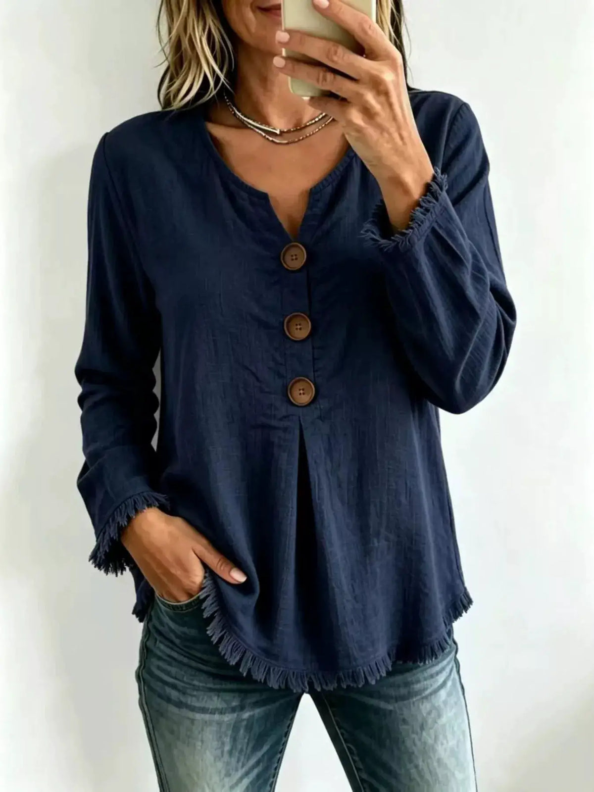 Full Size Frayed Hem Long Sleeve Blouse Plus Size by Trendsi