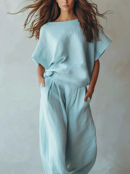 Full Size Solid Color Top and Wide-Leg Pants Set Plus Size by Trendsi