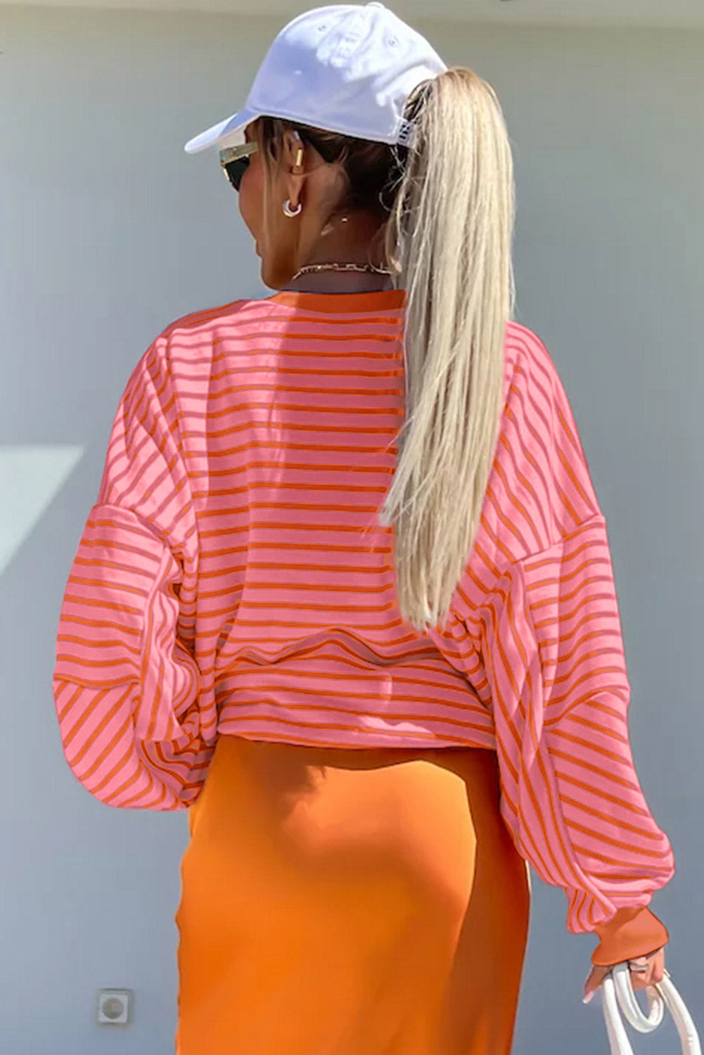 Orange Stripe Drop Shoulder Crew Neck Loose Sweatshirt