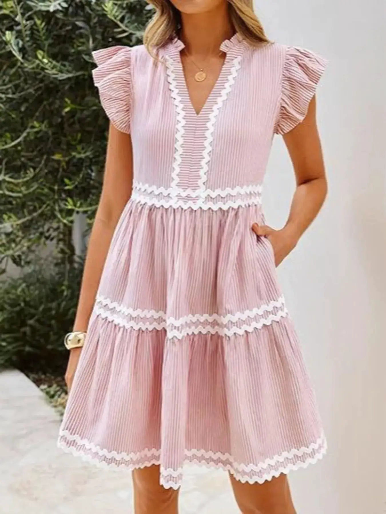 Striped Ruffle Sleeve Tiered Dress by Trendsi
