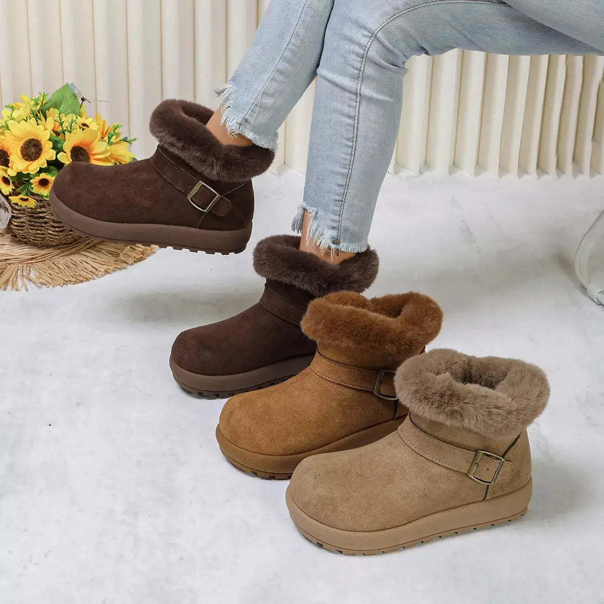 Round Toe Fuzzy Boots by Trendsi