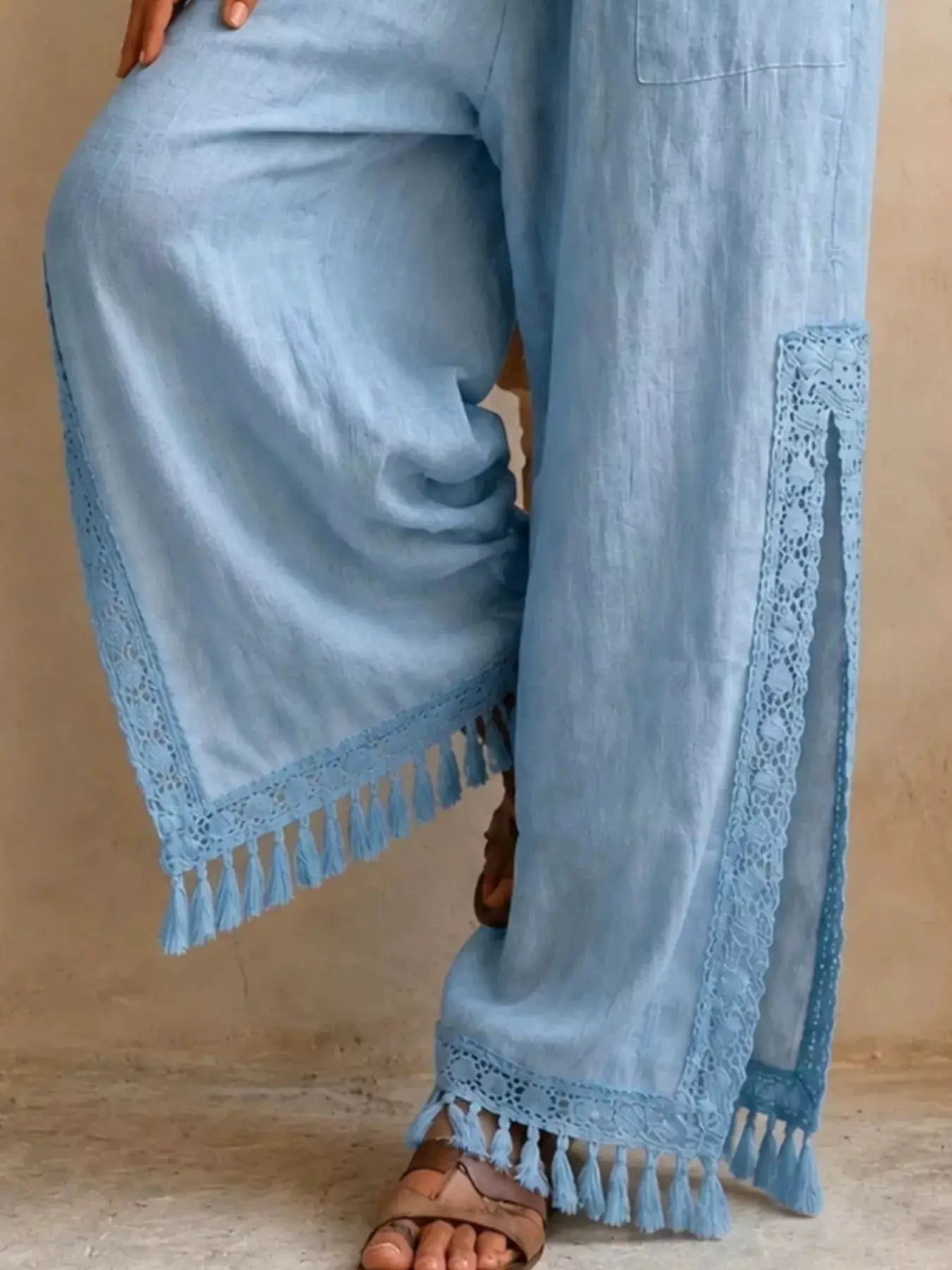 Lace Detail Slit Wide Leg Pants by Trendsi