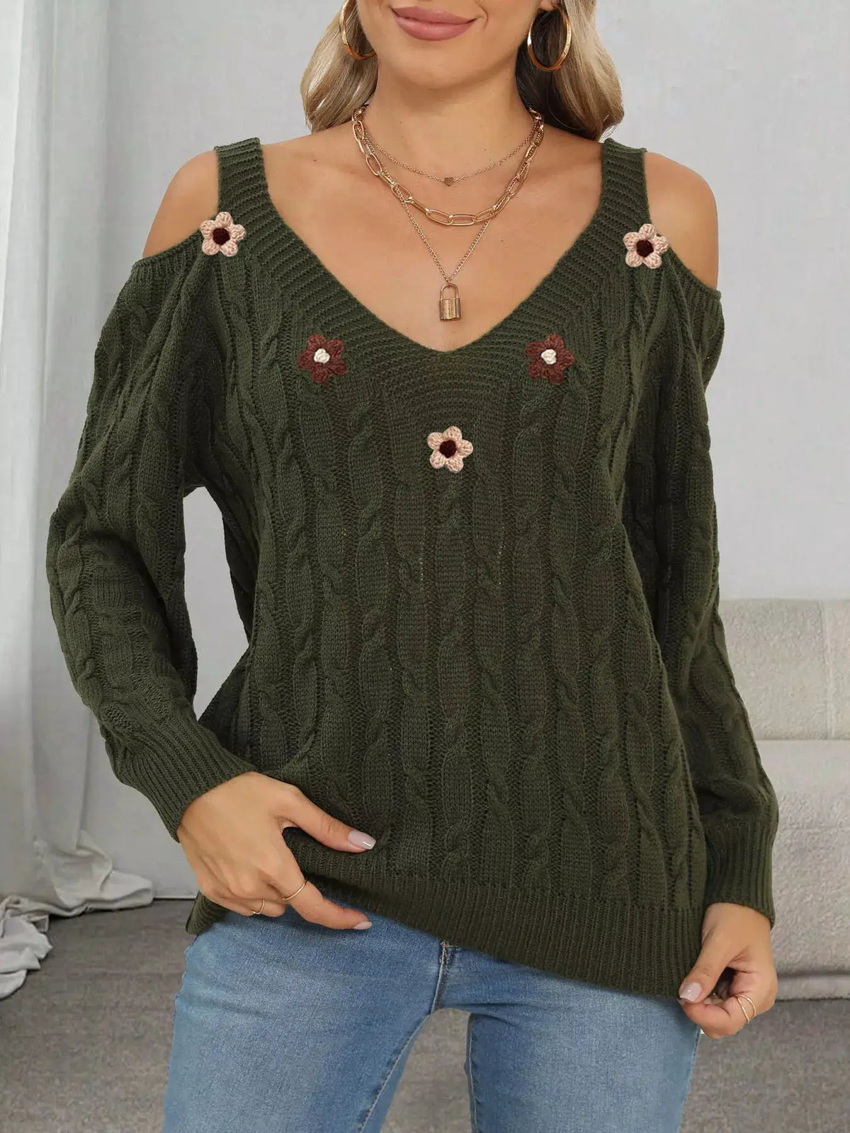 Floral Applique Cold Shoulder Cable Knit Sweater by Trendsi