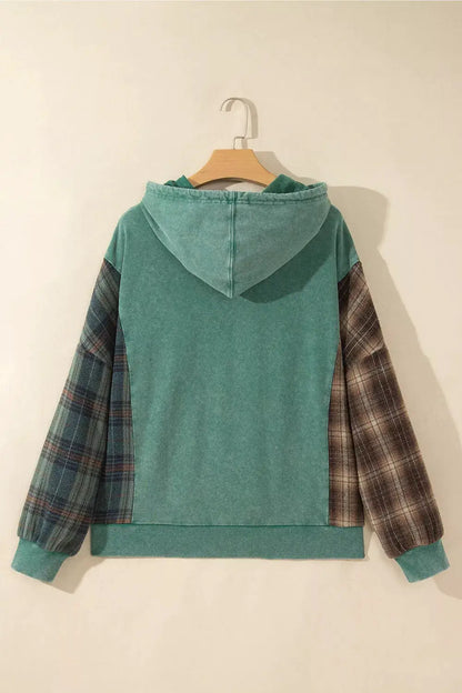 Plaid Kangaroo Pocket Hoodie by Trendsi