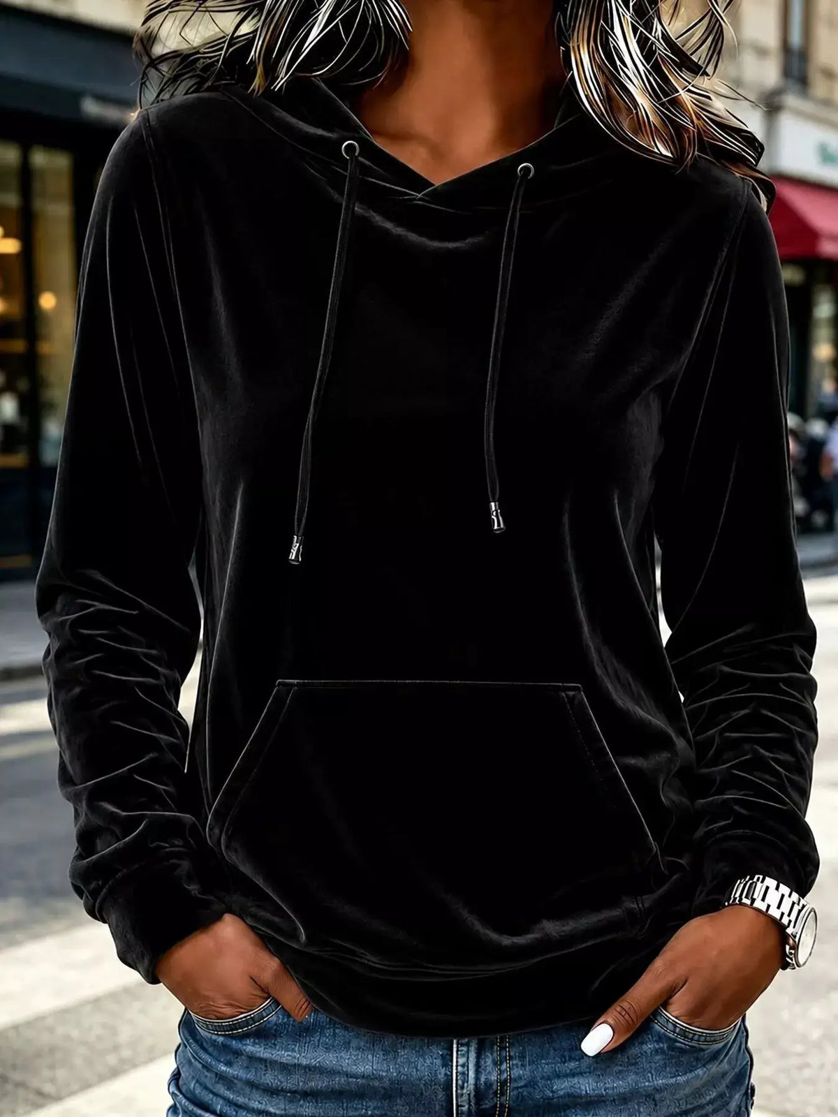 Full Size Velvet Kangaroo Pocket Hoodie Plus Size by Trendsi