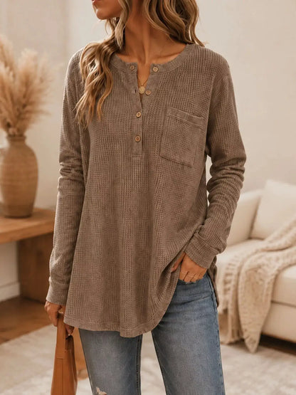Waffle Knit Button Detail Top by Trendsi