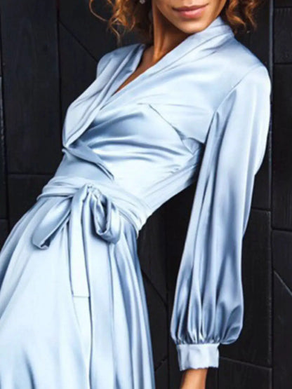 Satin Surplice Long Sleeve Mini Dress by Trendsi