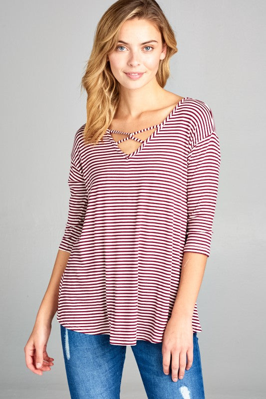 STRIPE JERSEY LACE UP NECK CASUAL TOP