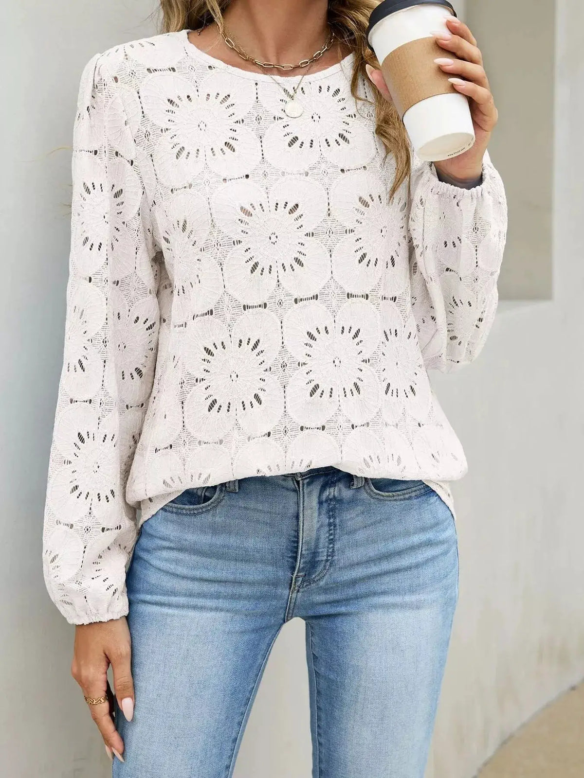 Floral Eyelet Lace Long Sleeve Blouse by Trendsi