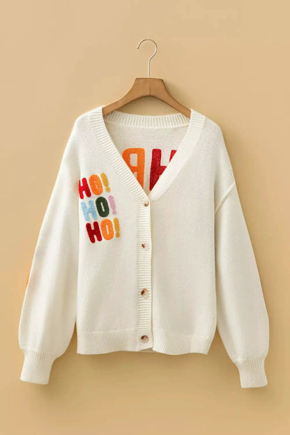 'HO HO HO' Button Up Knit Cardigan by Trendsi
