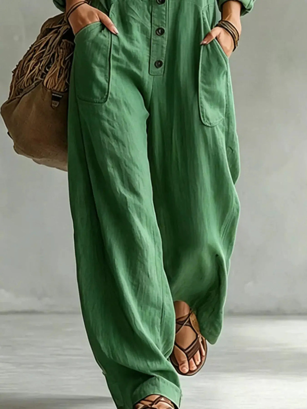 Full Size Long Sleeve Button Front Jumpsuit Plus Size by Trendsi