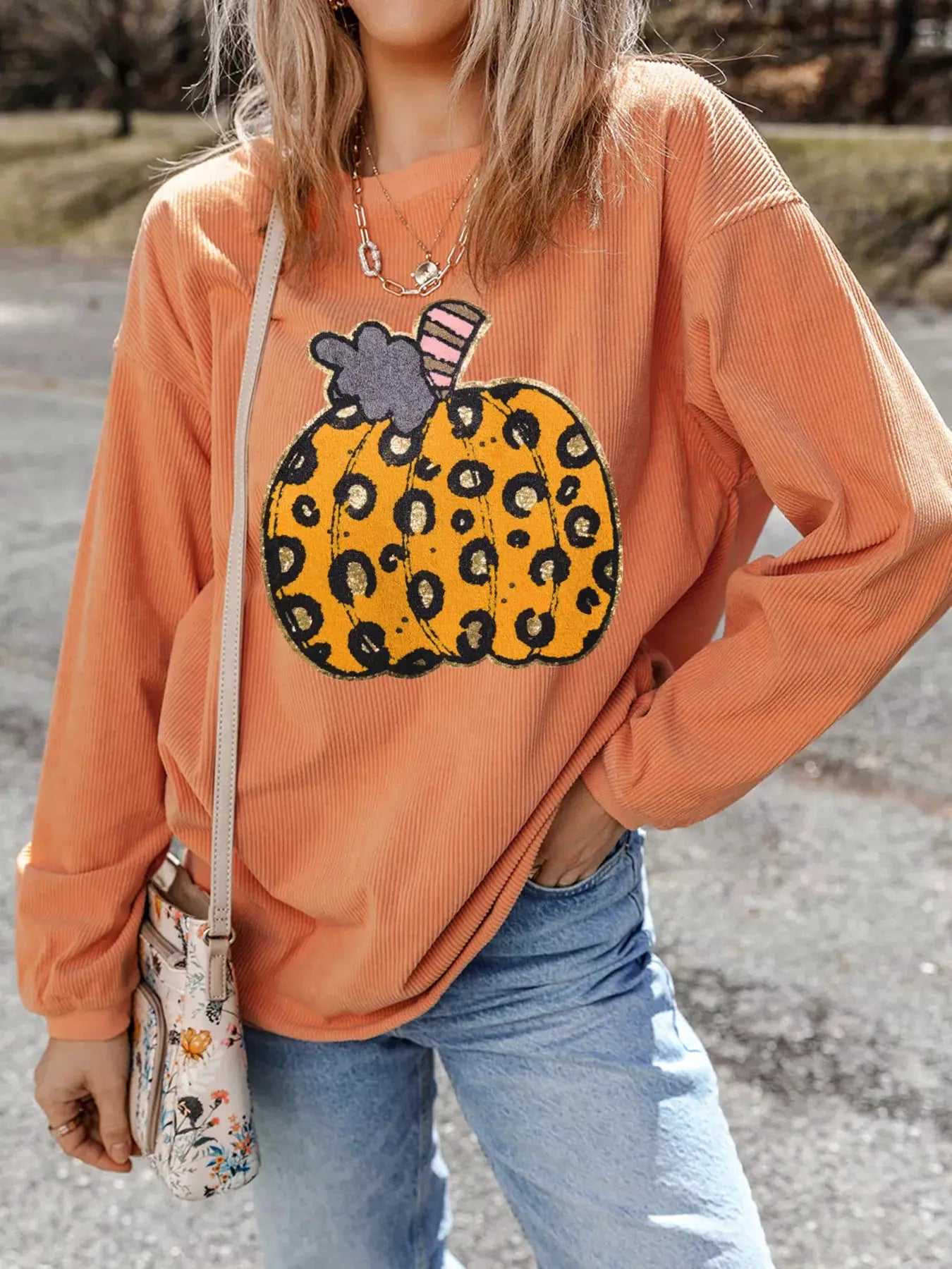 Halloween Leopard Pumpkin Patchwork Ribbed Sweatshirt by Trendsi