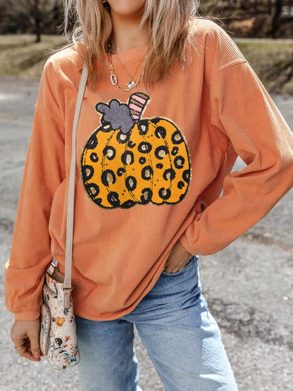 Halloween Leopard Pumpkin Patchwork Ribbed Sweatshirt by Trendsi